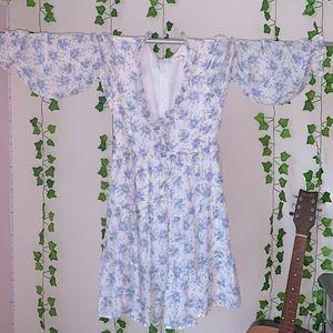 Flowy, Floral White and Blue Dress